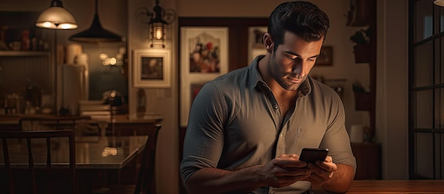 Photo attractive guy using mobile phone at residence