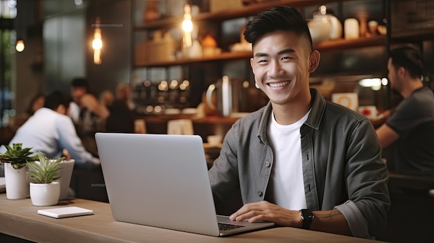 Attractive and Happy Asian Girl Working with Laptop at Coffee Shop with a Beautiful Smile on Her