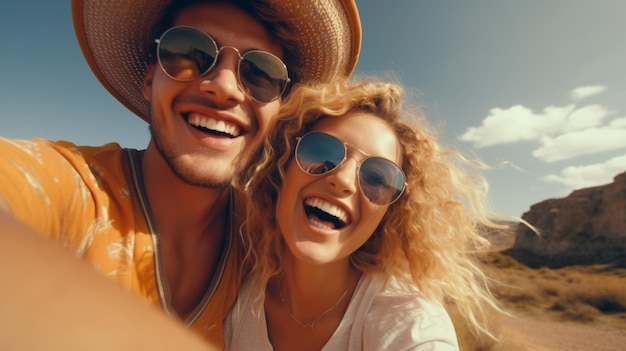 Attractive happy couple traveling in summer on bicycles man and woman with blond hair boho hipster