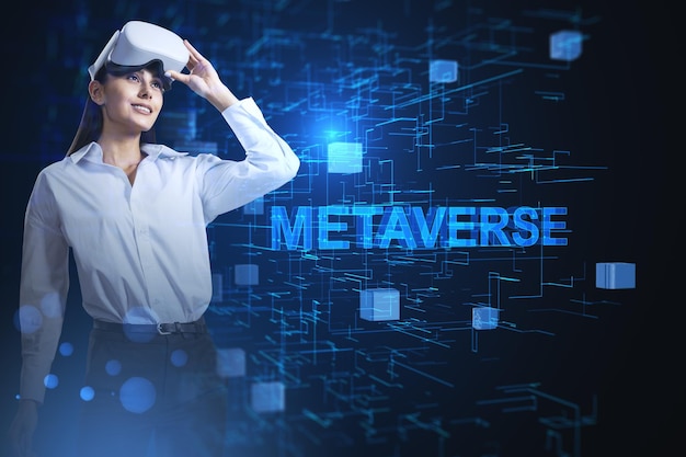 Attractive happy european businesswoman with Vr glasses on abstract glowing blue metaverse background Game connection and AI concept Double exposure