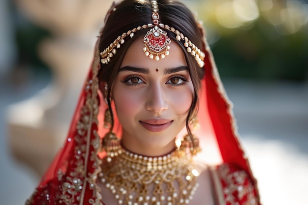 Foto una sposa indiana attraente e felice in lehnga rossa