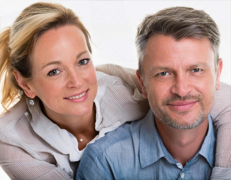 attractive happy man woman couple hugging in love concept lover wife and husband middle aged