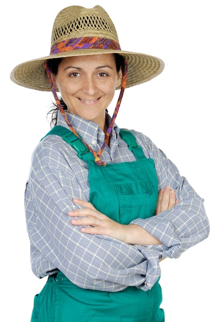 Foto giardiniere vestito donna felice attraente