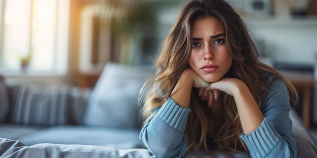 Photo attractive hispanic lady weeping on couch in her residence