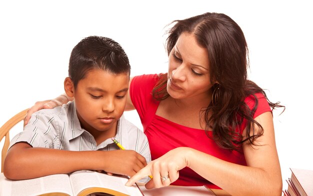 Attractive Hispanic Mother and Son Studying