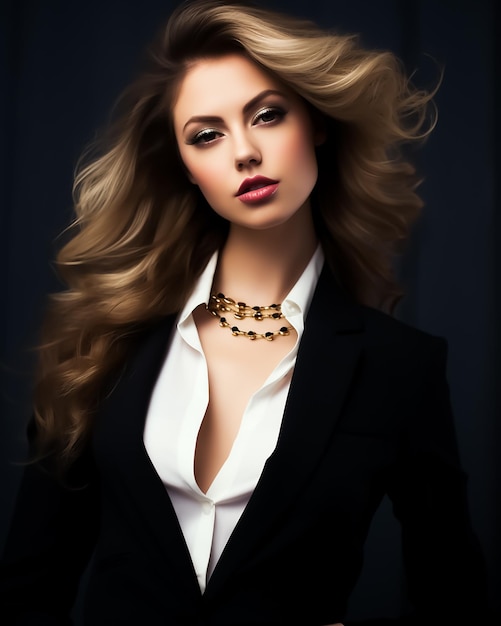 Attractive Hot business woman in formal suit full makeup Blonde hair Black suit