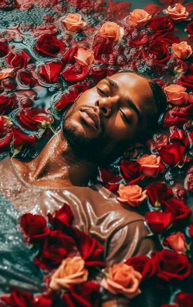 Attractive interracial man floating in a sea of red roses fashion and commercial style photo