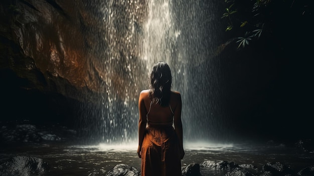 Attractive and inviting woman under the waterfall full body from behind high detailed