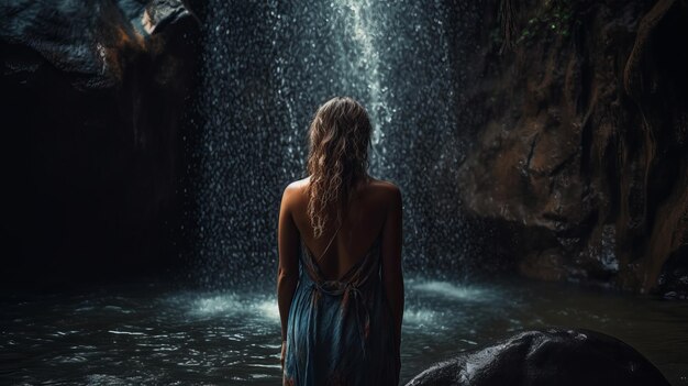 Attractive and inviting woman under the waterfall full body from behind high detailed