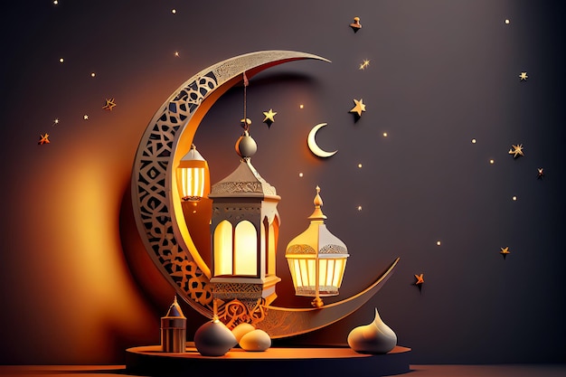 매력적인 이슬람 라마단 카림은 아라비아 랜턴과 초승달 모양의 3D로 연단 배경을 표시합니다.