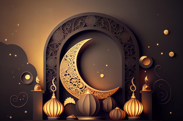 Привлекательный исламский рамадан карим отображает фон подиума с 3d арабским фонарем и полумесяцем