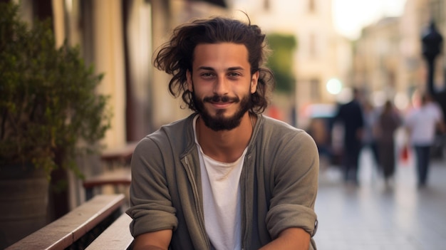 Photo attractive italian guy with long hair and stubble sits on street bench