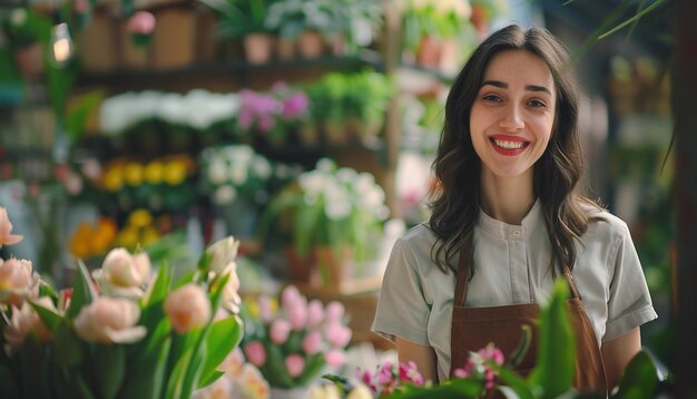 attractive joyful cheerful woman florist in apron working in flower shop