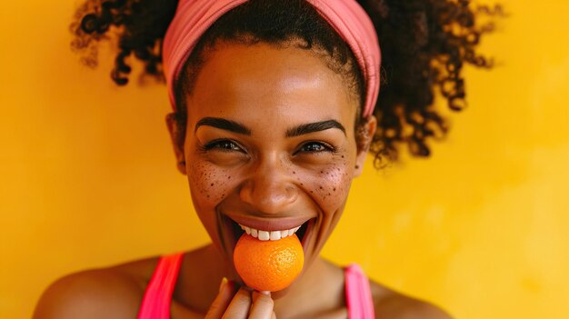 매력적이고 즐거운 젊은 암 ⁇ 은 노란색 배경에 고립된 신선한 오렌지를 먹습니다.