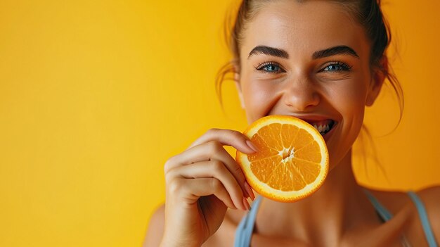 Attractive and joyful young female eat fresh orange isolated on yellow background