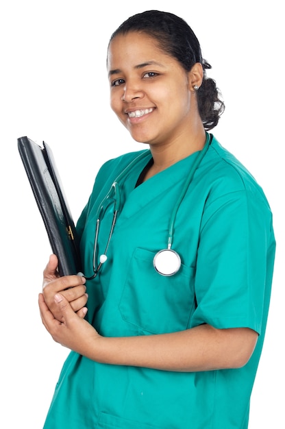 Attractive lady doctor over a white background 