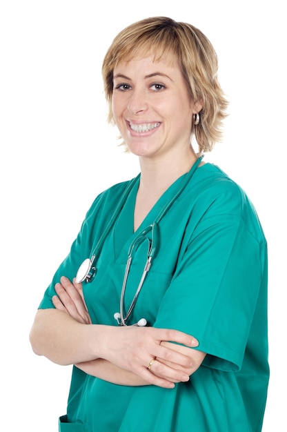 Attractive lady doctor over a white background