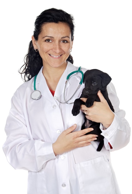 Attractive lady veterinarian over a white background 