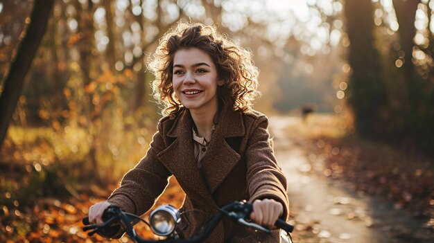 An attractive lady with wavy hair cycles in a sunny park embracing the outdoors and embodying a relaxed lifestyle