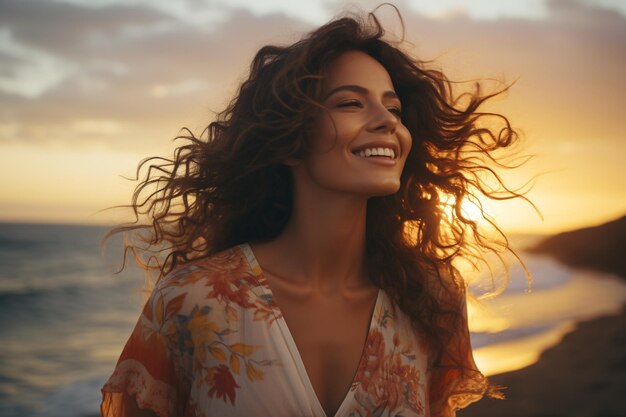 目を閉じて髪をそよ風に揺らしながら、日没時に海岸で穏やかに日向ぼっこをする魅力的なラテン系女性
