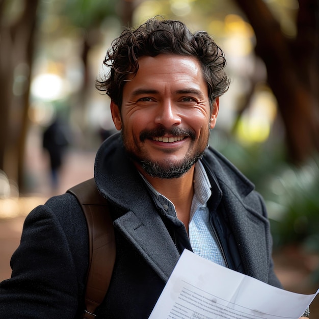 Привлекательный латиноамериканский бизнесмен с документами в руках с счастливой улыбкой и бородой на голове