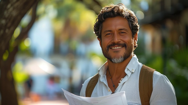 ハッピーな笑顔とひげを生やした頭で手に文書を握っている魅力的なラテン系ビジネスマン