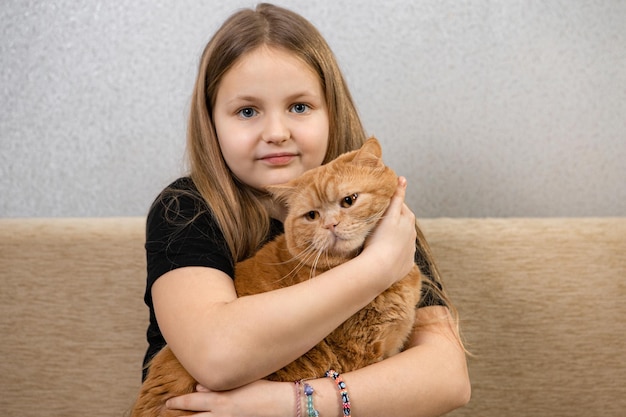 Attractive little girl with red fluffy cat on sofa in room