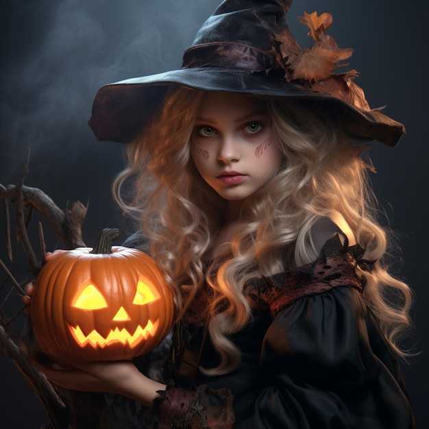 Attractive little witch with pumpkin