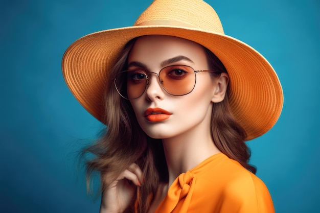 Привлекательная милая молодая женщина в солнечных очках и шляпе, стоящая на синем фоне, генеративный ай