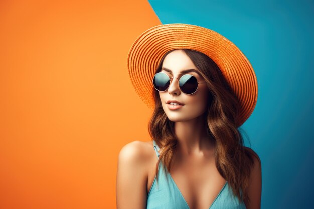 Attractive lovely young woman in sunglasses and hat standing over orange and blue wall generative ai