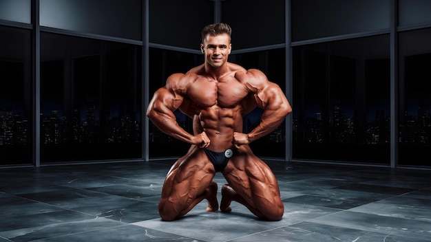 Attractive male body builder on gray