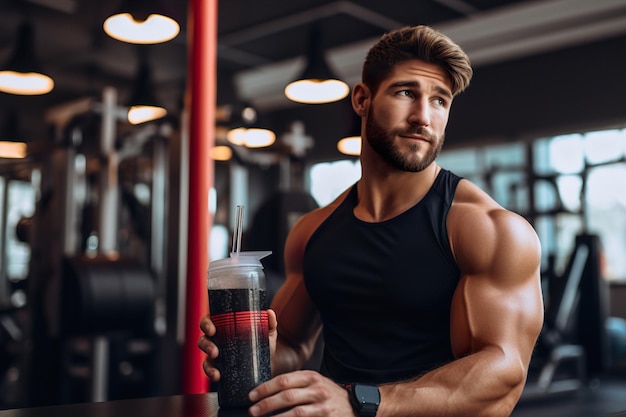 Attractive man athlete drinks protein cocktail after hard training in gym