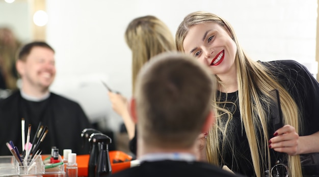 Attractive man came to hairdresser to makes