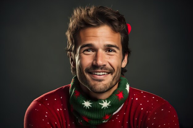 Attractive man in christmas sweater and socks on a minimal color background with copyspace