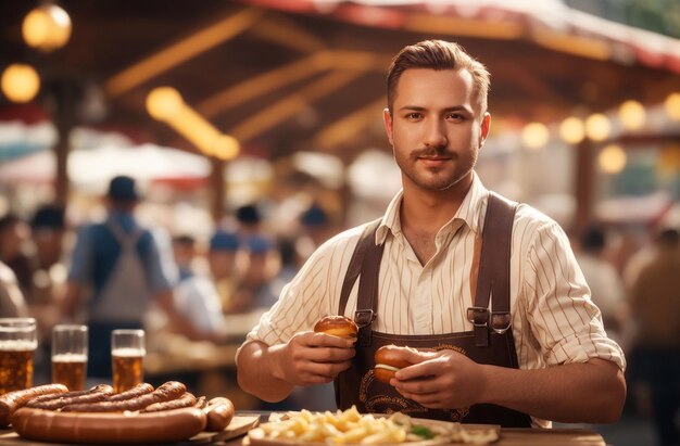 オクトーバーフェストでビールとドイツ料理を食べる魅力的な男性