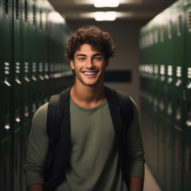 attractive man smiling in front of lockers in the style of academic art