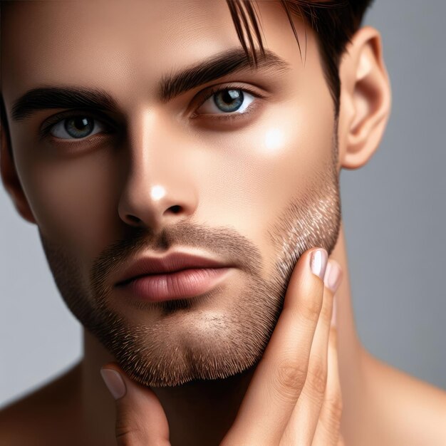 Photo attractive man with perfect skin touching face after shaving realistic detailed