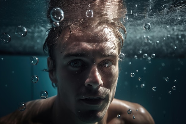 Attractive mans portrait swims underwater in the sea generative ai