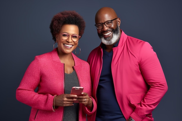 Attractive mature black woman and black man with phone on studio color background