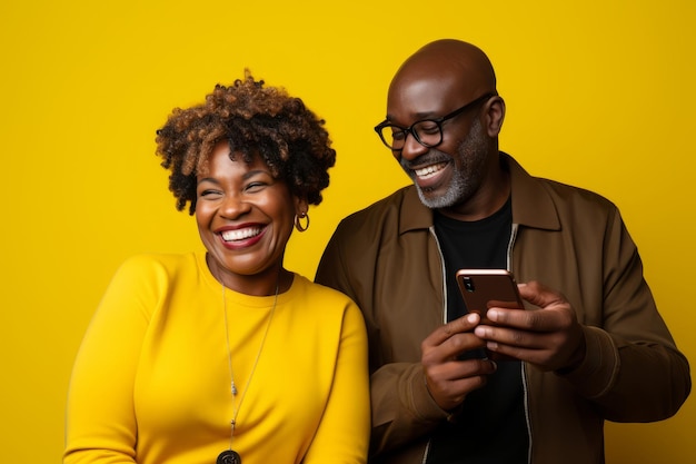 Attractive mature black woman and black man with phone on studio color background