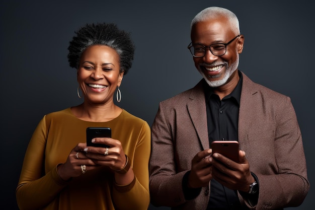 Attractive mature black woman and black man with phone on studio color background