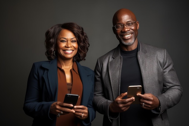 Attractive mature black woman and black man with phone on studio color background