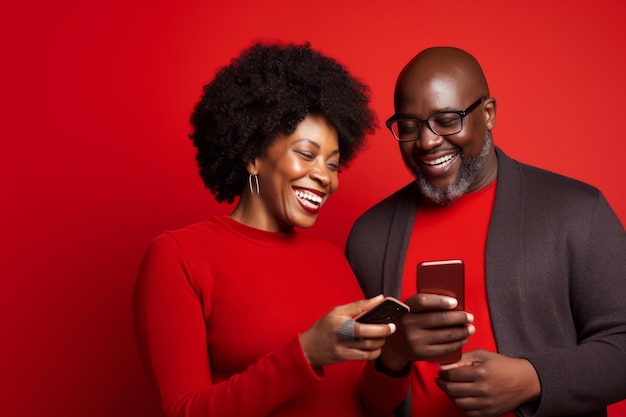 привлекательная зрелая черная женщина и черный мужчина с телефоном на цветном фоне студии