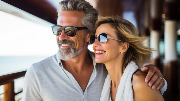 Attractive mature elegant couple tourist on big cruise liner