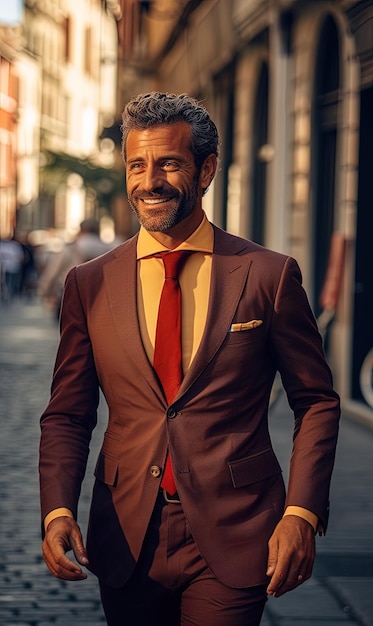 Attractive mature man with a beard in elegant suit on the street Generative AI