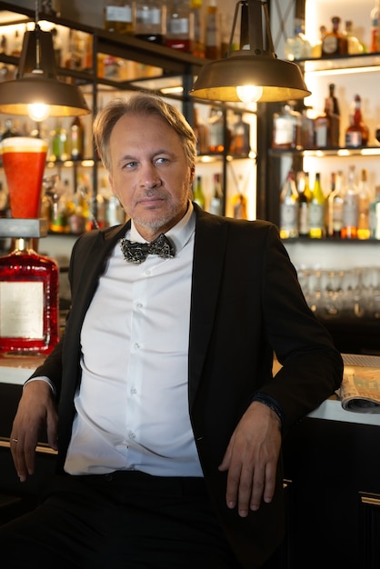 Attractive mature man with tuxedo in a pub