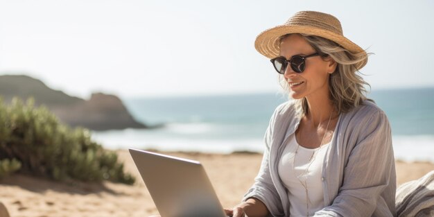 Attractive mature woman 5060 makes use of laptop on the seashore active elderly people Generative AI