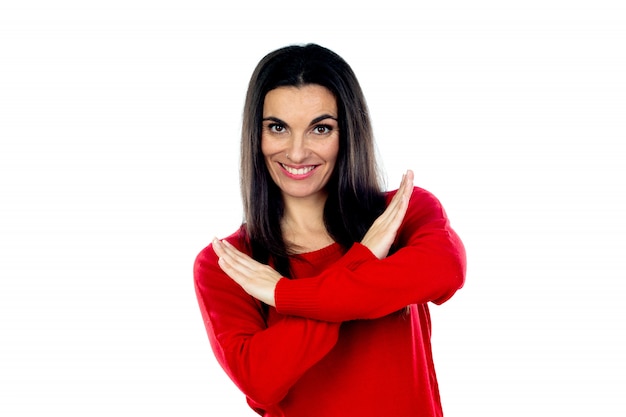 Attractive mature woman wearing red jersey