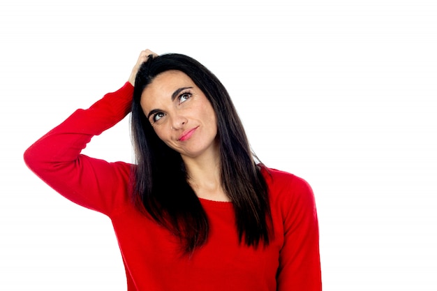 Attractive mature woman wearing red sweatshirt