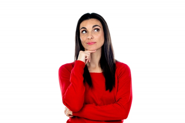 Attractive mature woman wearing red sweatshirt